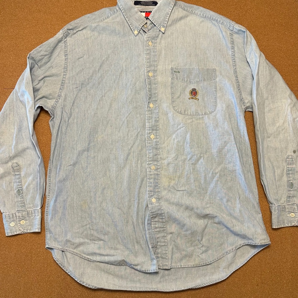 Tommy Hilfiger Denim Shirt Mens Medium Blue Long Sleeve Button Down Crest Logo